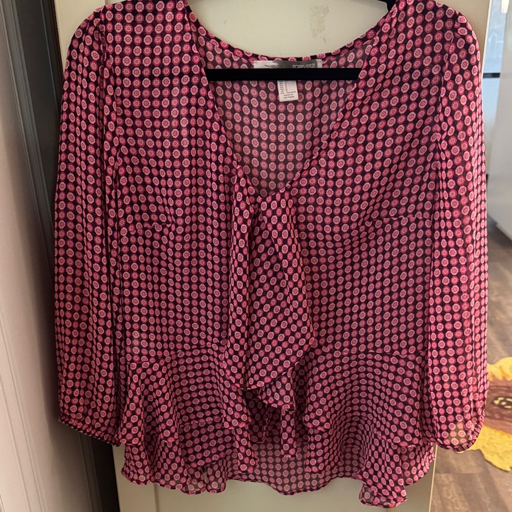 Forever 21 Pink and Black Geometric Ruffle Blouse